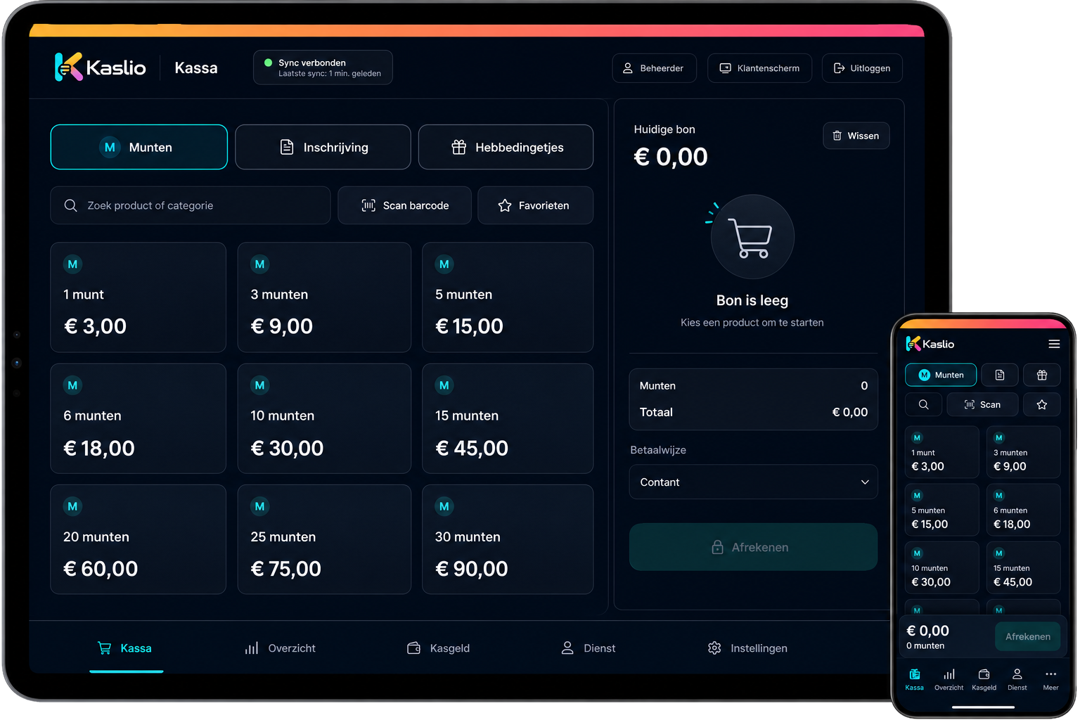 Kaslio kassasysteem op tablet en telefoon